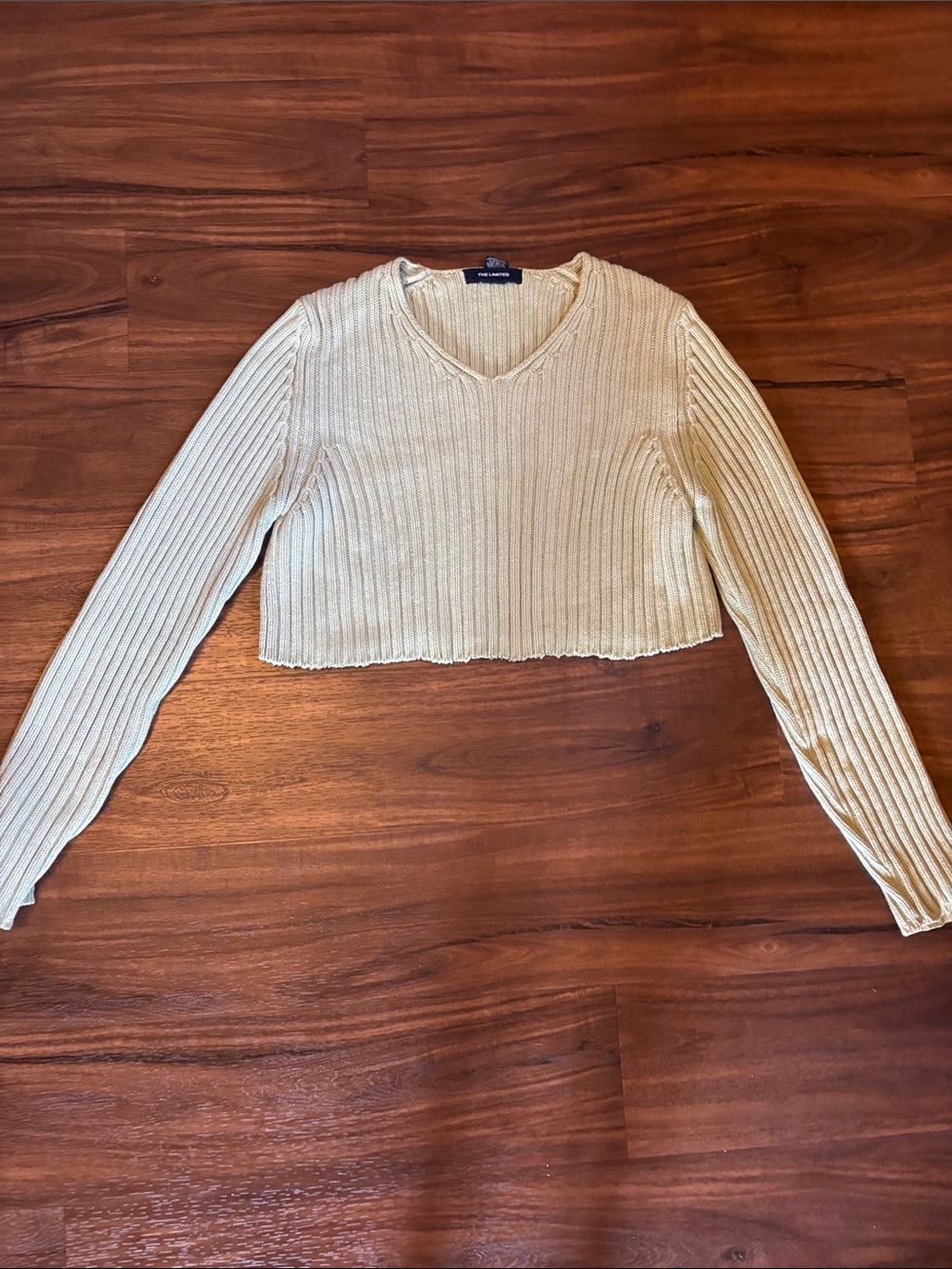 The Limited Cream Ribbed V-Neck Cropped Sweater